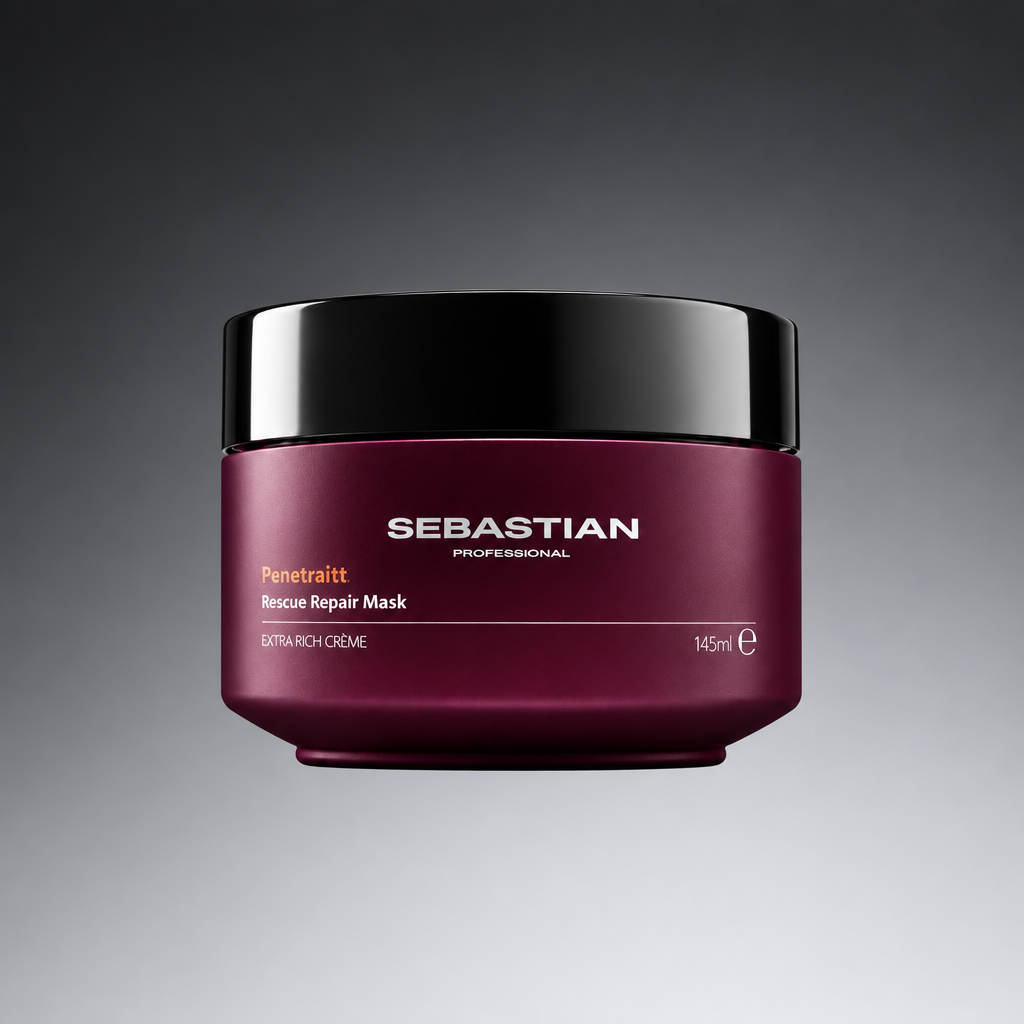 Sebastian Professional Penetralt Bonus Repair Mask in a deep burgundy jar with a black lid, shown on a light gray background.