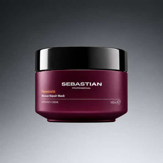 Sebastian Professional Penetralt Bonus Repair Mask in a deep burgundy jar with a black lid, shown on a light gray background.